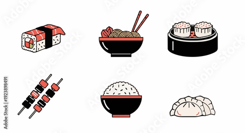 Traditional Japanese food icons in black and red style featuring sushi, ramen noodles, dim sum, yakitori skewers, rice bowl, and dumplings