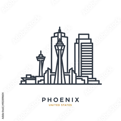 Minimalist Line Art of Phoenix Skyline with iconic buildings, United States