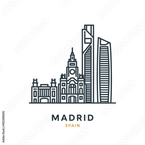 Stylized Line Art of Madrid Skyline with iconic buildings, Spain landmark illustration