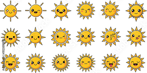 A large collection of cute cartoon sun characters displaying various emotions and expressions, including happy, winking, sleeping, and playful faces, isolated on a white background.