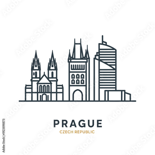 Minimalist Line Drawing of Prague City Skyline with Historical and Modern Buildings