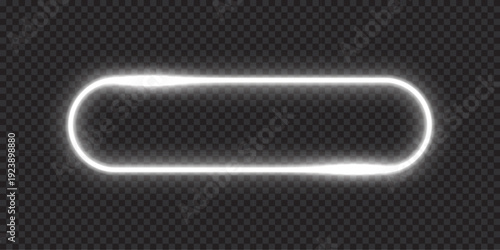 Neon glow light rounded rectangle frame. Led rectangular game button. White light outline on transparent with soft luminous effect. Futuristic UI element. Modern color geometric vector illustration.