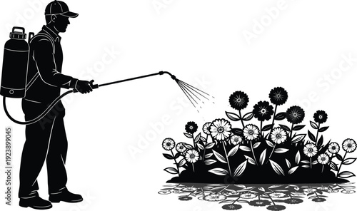 Black and white gardener spraying flowers vector illustration with backpack sprayer and blooming garden plants silhouette design