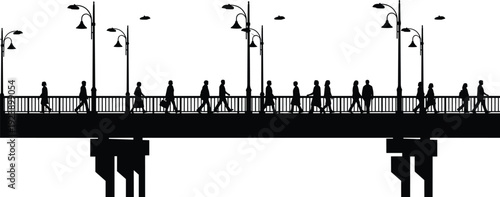 Black and white city bridge silhouette vector illustration with walking pedestrians and street lamps urban skyline scene