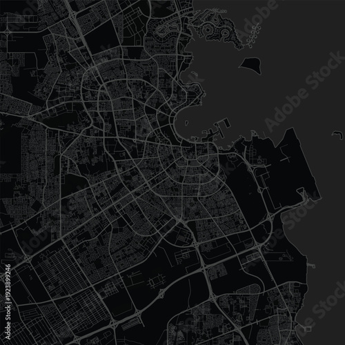 Doha City Map Elegant Monochrome Schematic Featuring Balanced Cartographic Precision, Ideal for Modern Home Decor and Minimalist Office Wall Styling, emphasizing refined linework, with balanced.