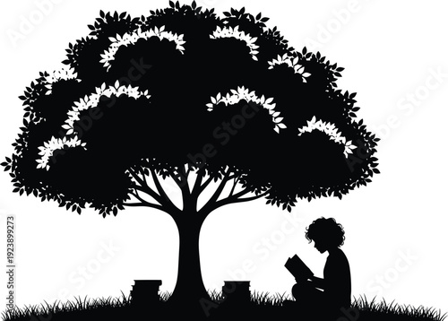 Black and white silhouette vector illustration of child reading book under leafy tree in peaceful outdoor setting