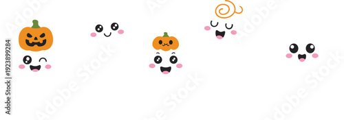 Enchanting kawaii Halloween pumpkin and ghost vector pack with cute jack-o'-lantern faces friendly ghosts in minimal playful floating poses for nursery designs