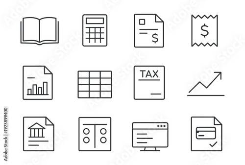Collection of financial and business icons for accounting and data analysis