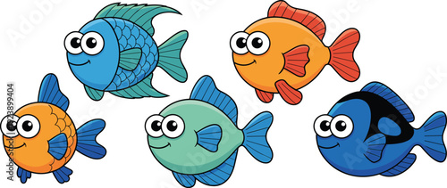 Cute kawaii tropical fish vector set with colorful cartoon sea creatures in playful school poses big eyes for kids ocean illustrations