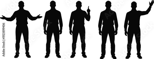 Businessman silhouette set, male presentation gestures and standing poses isolated on white background black vector illustration collection