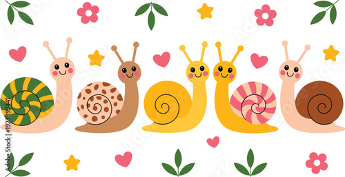 Cute kawaii cartoon snails vector set with colorful spiral shells hearts stars leaves and flowers in playful parade for kids spring illustrations