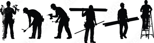 Construction workers silhouettes, professional builders with tools, carpentry and renovation industry teamwork concept isolated on white background black vector illustration