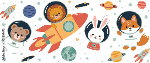 Cute kawaii space animals vector set with bear lion bunny fox astronaut helmets rockets planets and stars for kids cosmic adventure illustrations