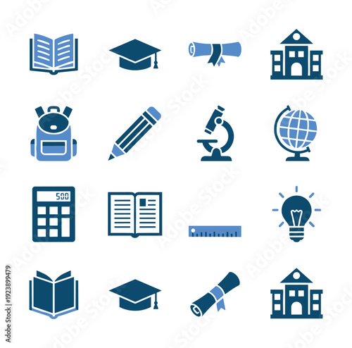 Collection of educational icons representing learning, knowledge, and school activities