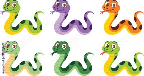 Cute kawaii cartoon snakes vector set with colorful playful serpents in coiled poses big eyes and tongues for kids illustrations