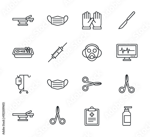 Collection of medical and surgical equipment icons on a white background
