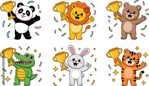 Cute kawaii winner animals vector set with panda lion bear crocodile bunny tiger holding golden trophies and confetti for victory kids illustrations