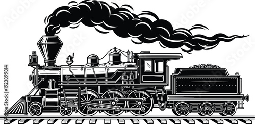 Black and white steam locomotive train vector illustration with vintage railway engine and smoke isolated on light background