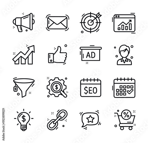 Digital marketing icons collection for business growth and online strategy