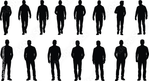 Man walking silhouettes collection, male front view poses isolated on white background black vector illustration set