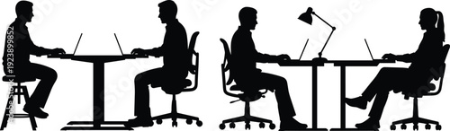 Office workers silhouettes set, business people working on laptops at desk isolated on white background vector illustration