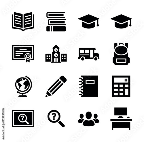 Collection of educational icons representing school and learning concepts