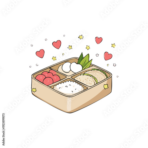 Cute bento box illustration with rice, boiled eggs, cherry tomatoes, and green leaves, decorated with small hearts and stars