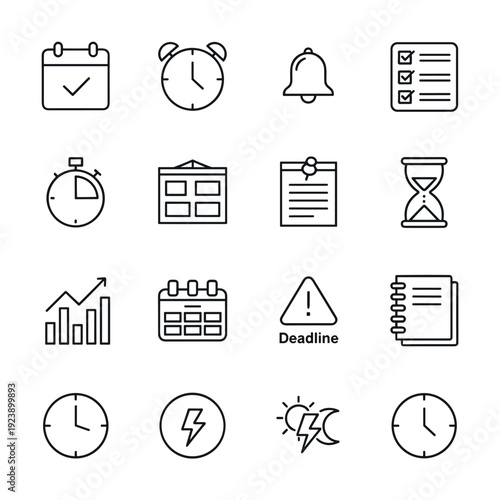 Collection of modern flat icons representing time management and planning concepts