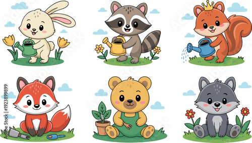Cute kawaii forest animals gardening vector set with bunny raccoon squirrel fox bear wolf in watering planting poses for spring kids illustrations
