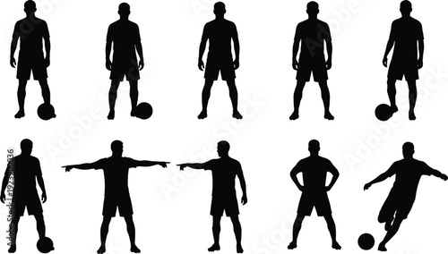 Soccer player silhouettes set, football athlete poses with ball isolated on white background black vector illustration collection