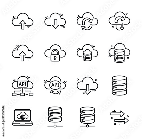 Collection of cloud computing and data storage icons with upload, download, and security symbols