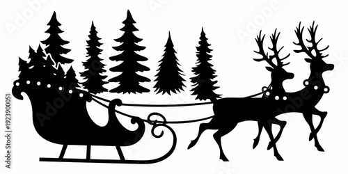 Santa's Sleigh and Reindeer Winter Forest Silhouette
