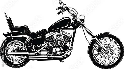 Black and white chopper motorcycle vector illustration with detailed engine, classic cruiser style, isolated on light background for stock design