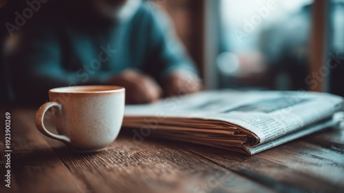 Morning Ritual - Coffee and Newspaper on Wooden Table.