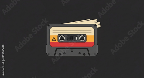 Retro cassette tape with tangled magnetic ribbon on black background symbolizing nostalgia and music