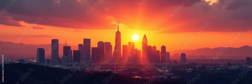 Fototapeta premium Sunrise paints LA skyline gold, skyscrapers silhouetted , beams, rays, concrete jungle