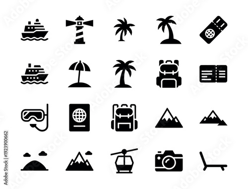 Collection of travel and vacation icons including cruise ship, lighthouse, palm trees, and mountains