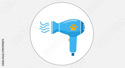 Blue hair dryer with yellow paw print blowing air in a circle