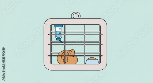 Sad cat in cage with food and water bowls symbolizing pet care and loneliness