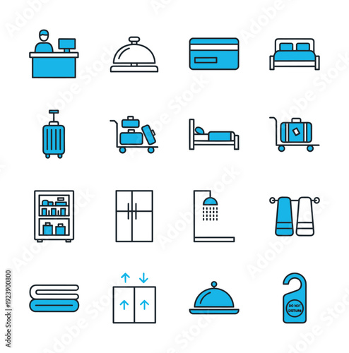 Collection of hotel service icons in blue and black outline style