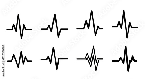 Set of Heartbeat EKG Line Icons: Medical Pulse Waveforms and Health Symbols