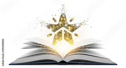 Open book with glowing golden star emerging from pages on white background symbolizing knowledge and inspiration