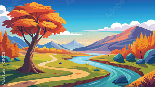 A vibrant autumn landscape features a winding river colorful trees and distant mountains high quality professional