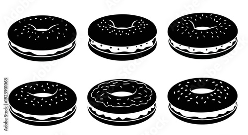 Set of six black and white bagel sandwiches with cream cheese filling, isolated on white background.