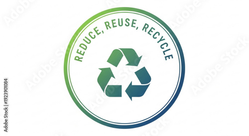 Recycling symbol with 'reduce reuse recycle' text in green gradient circle on white background