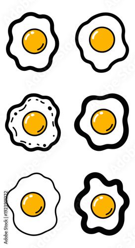 Set of Six Hand-Drawn Fried Eggs with Yellow Yolks on White Background