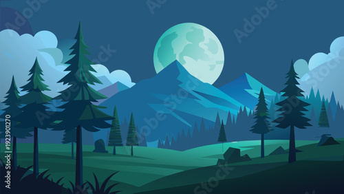 Stylized landscape depicting a large moon rising behind silhouetted mountains and evergreen trees high quality professional