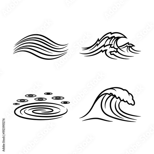 Set of stylized wave and water ripple icons, black and white line art