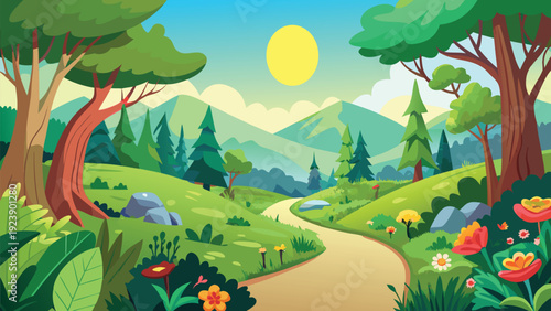 A vibrant cartoon landscape depicts a winding path through lush green hills and trees high quality