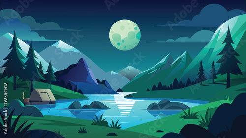 A stylized nighttime landscape featuring mountains a river and a bright full moon high quality professional